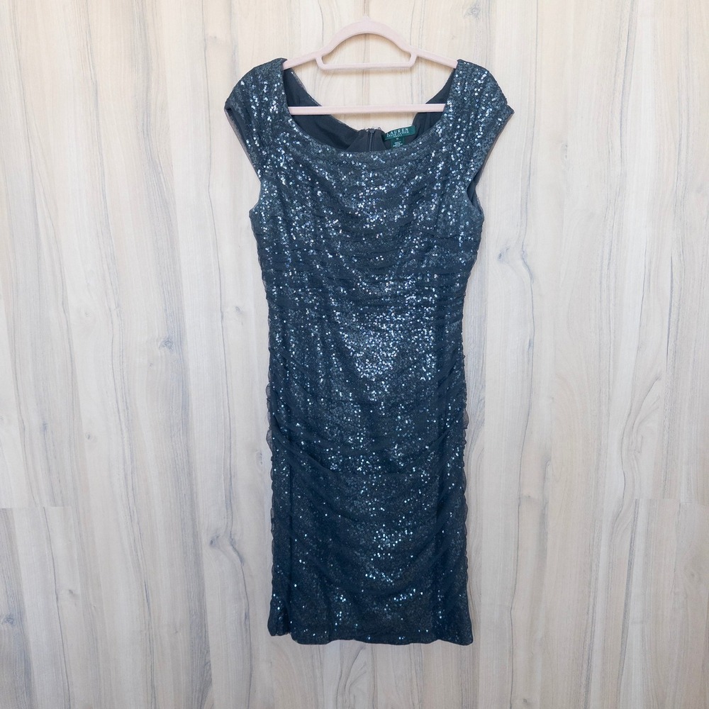 Lauren Ralph Lauren Mesh Sequin Sheath Dress 12 Black Ruched Evening Glam Formal